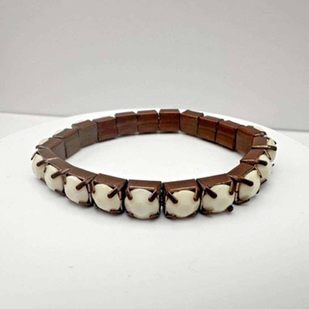 Vintage 80s White Opaque Crystal Bracelet Bronze Tone Women's Jewelry
